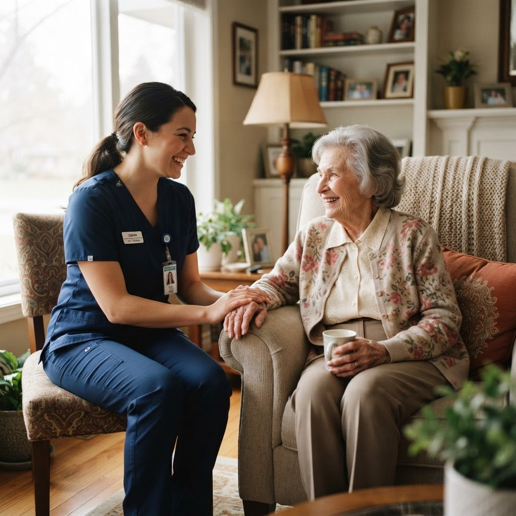A caregiver in navy scrubs smiling warmly with an elderly resident in a bright living room