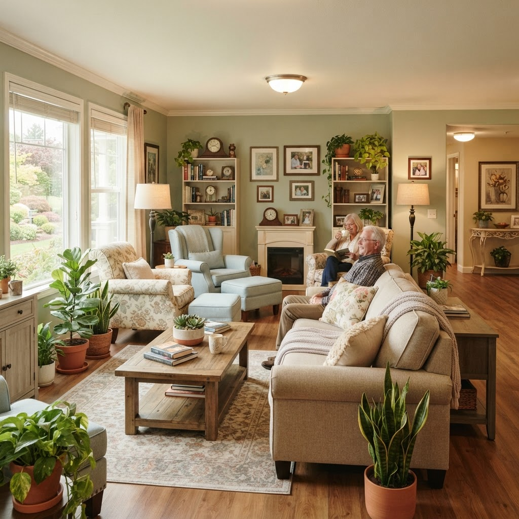A cozy, home-like common living room with comfortable armchairs and warm lighting