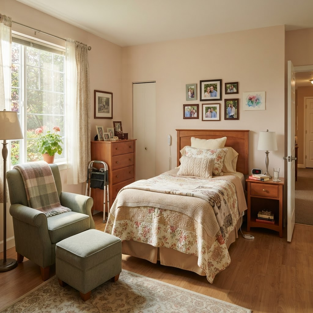 A cozy private bedroom with a neatly made bed and soft natural light