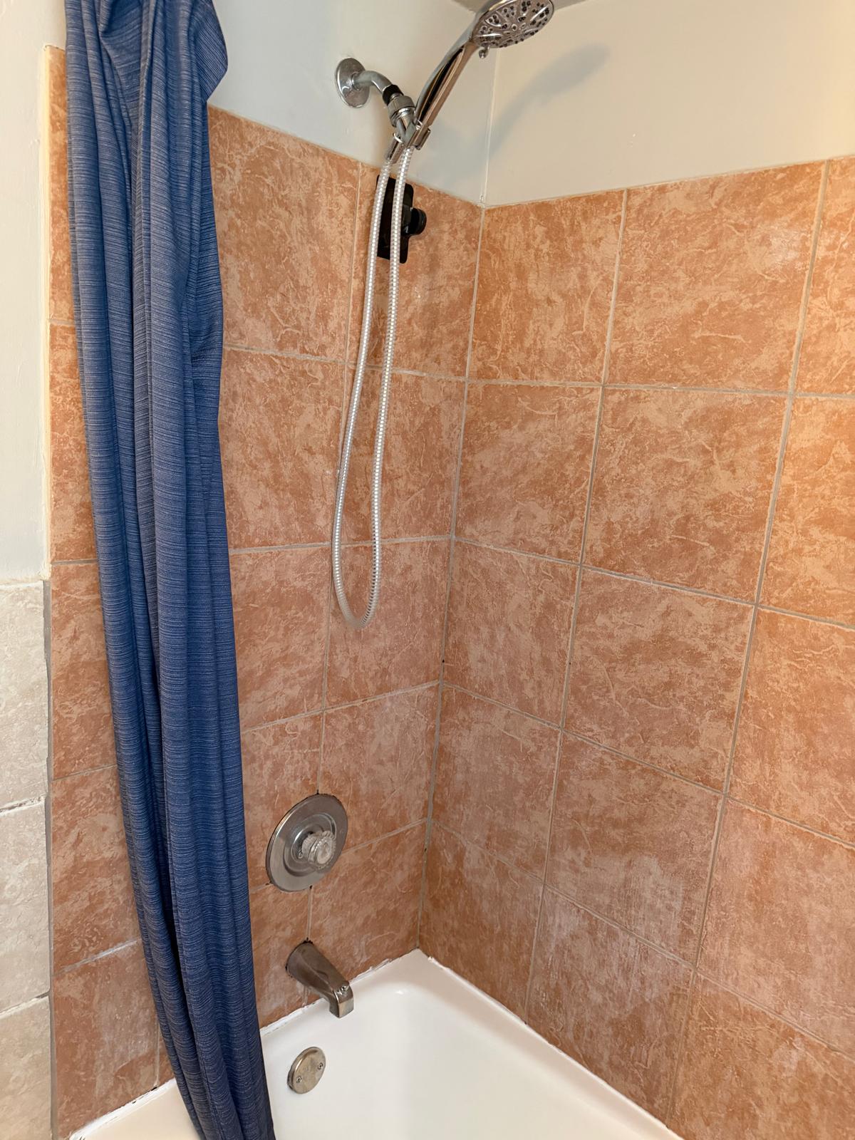 Tiled bathroom shower with handheld showerhead
